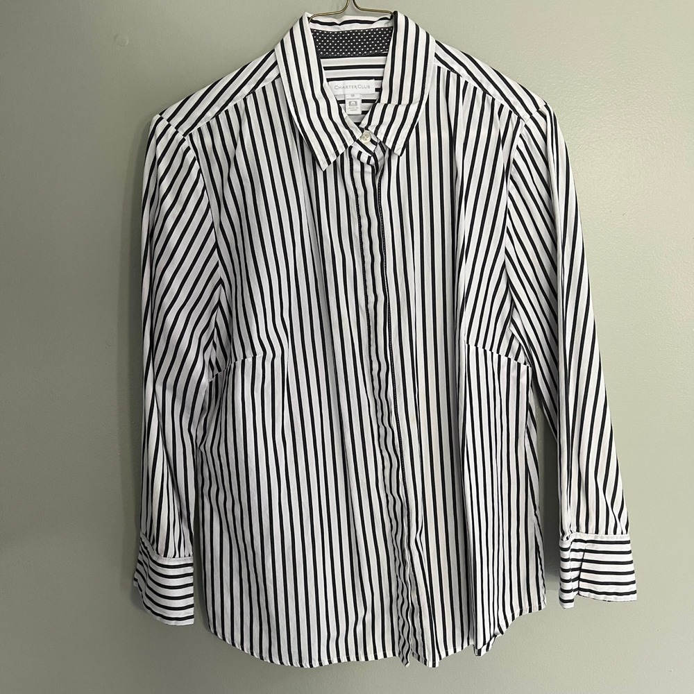 Charter Club Black White Striped Cotton Button‎ Down Shirt Contrast Cuff 10